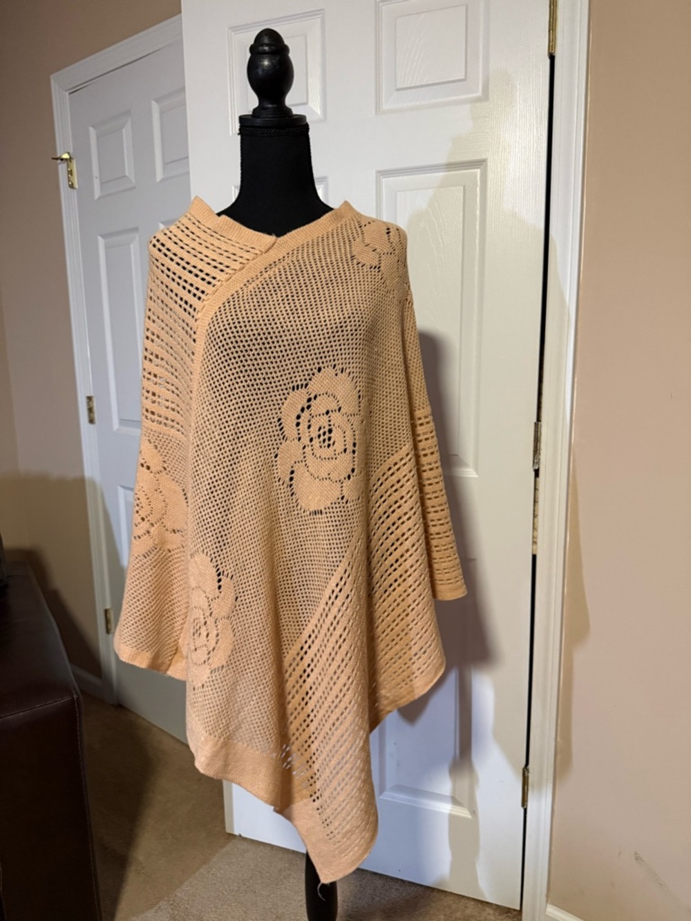 Light Peach Women's Open-Knit Poncho Sweater